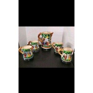 Renaissance Majolica Pitcher & Steins (4) Raised Greenman Dancing Medieval Face